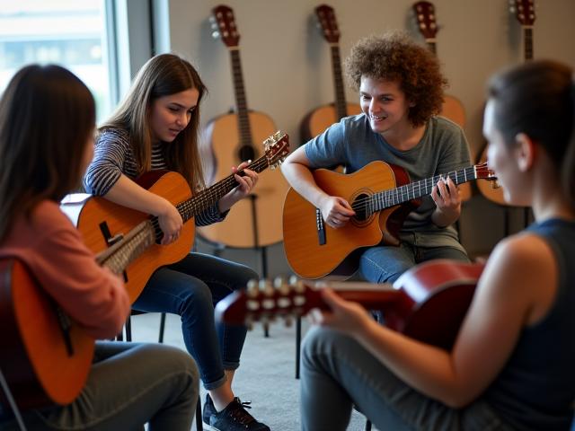 Junge Erwachsene lernen zeitgenössische Gitarrentechniken in kleinen Gruppen